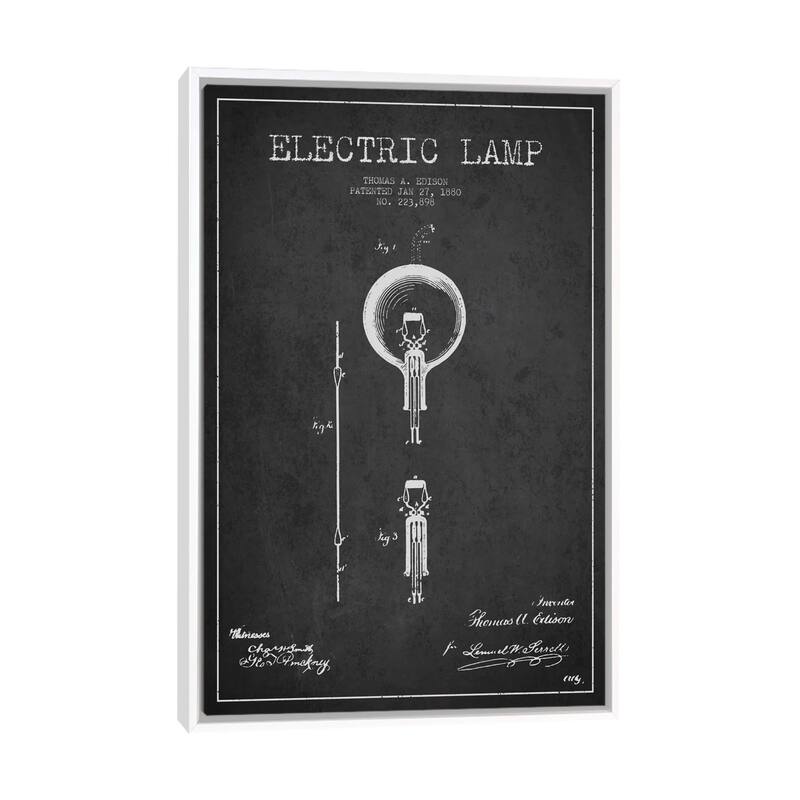 iCanvas "Electric Lamp Charcoal Patent Blueprint" by Aged Pixel Framed